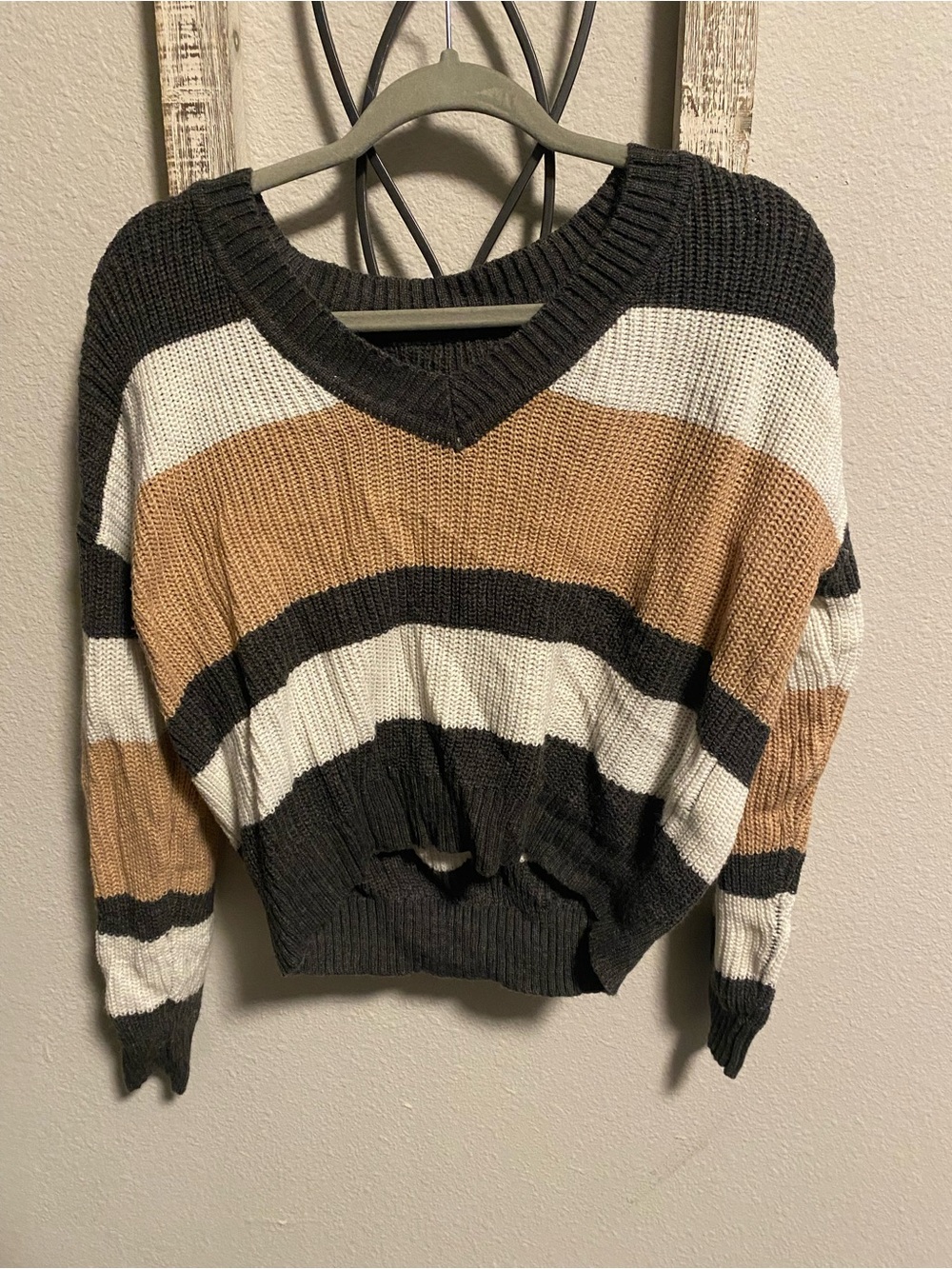 SHEIN Striped V-Neck Sweater in Black, Cream & Brown